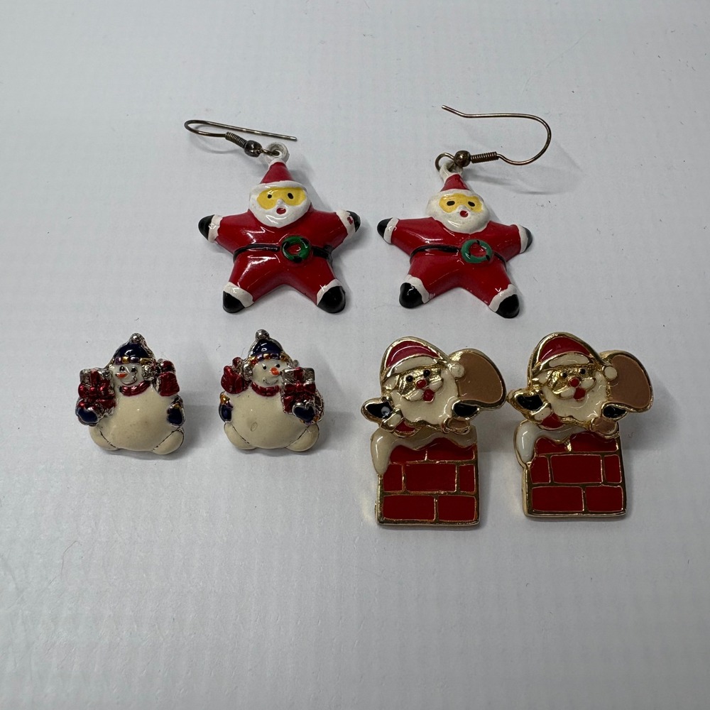 Vintage Christmas Earring Lot Santa Claus Snowman Enamel Dangle Stud 3 Pairs AIM